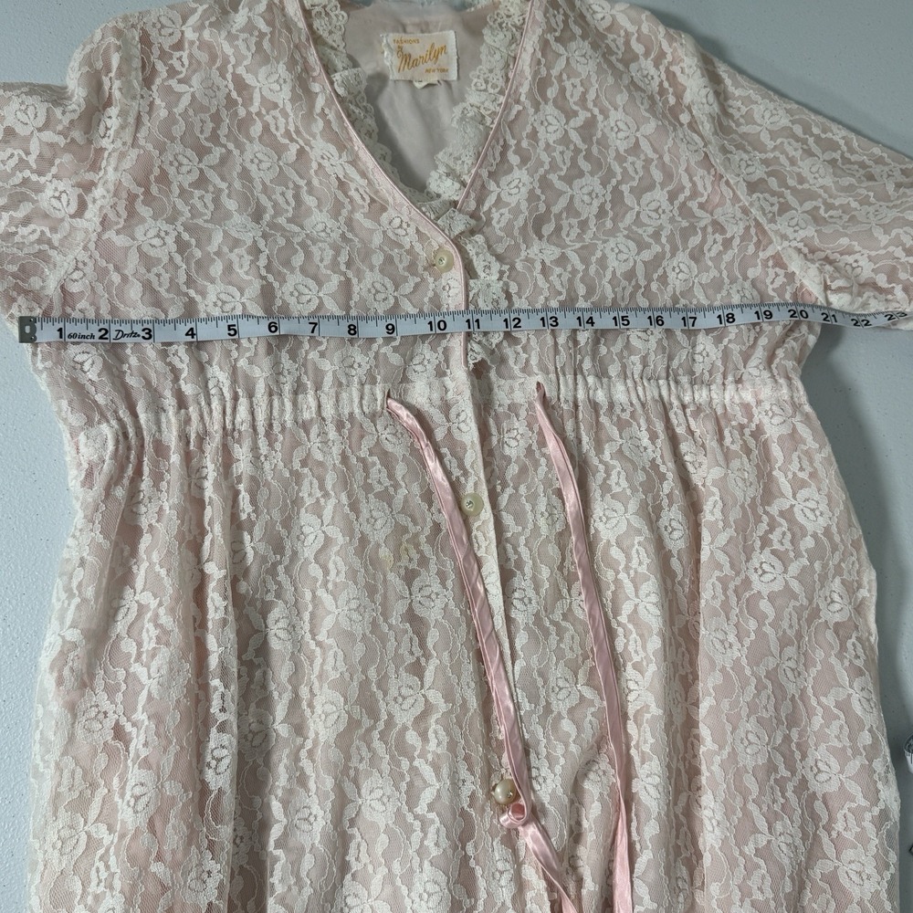 Vintage Pink Lace Maxi Robe Sheer Overlay Pockets Tie Waist Romantic M READ - Picture 10 of 16
